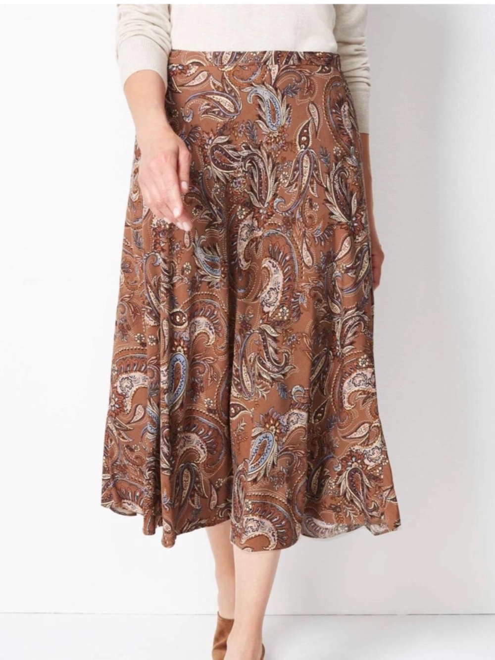 J.Jill Paisley Midi Skirt Brown Boho Flowy A-Line Skirt NWT Size Large